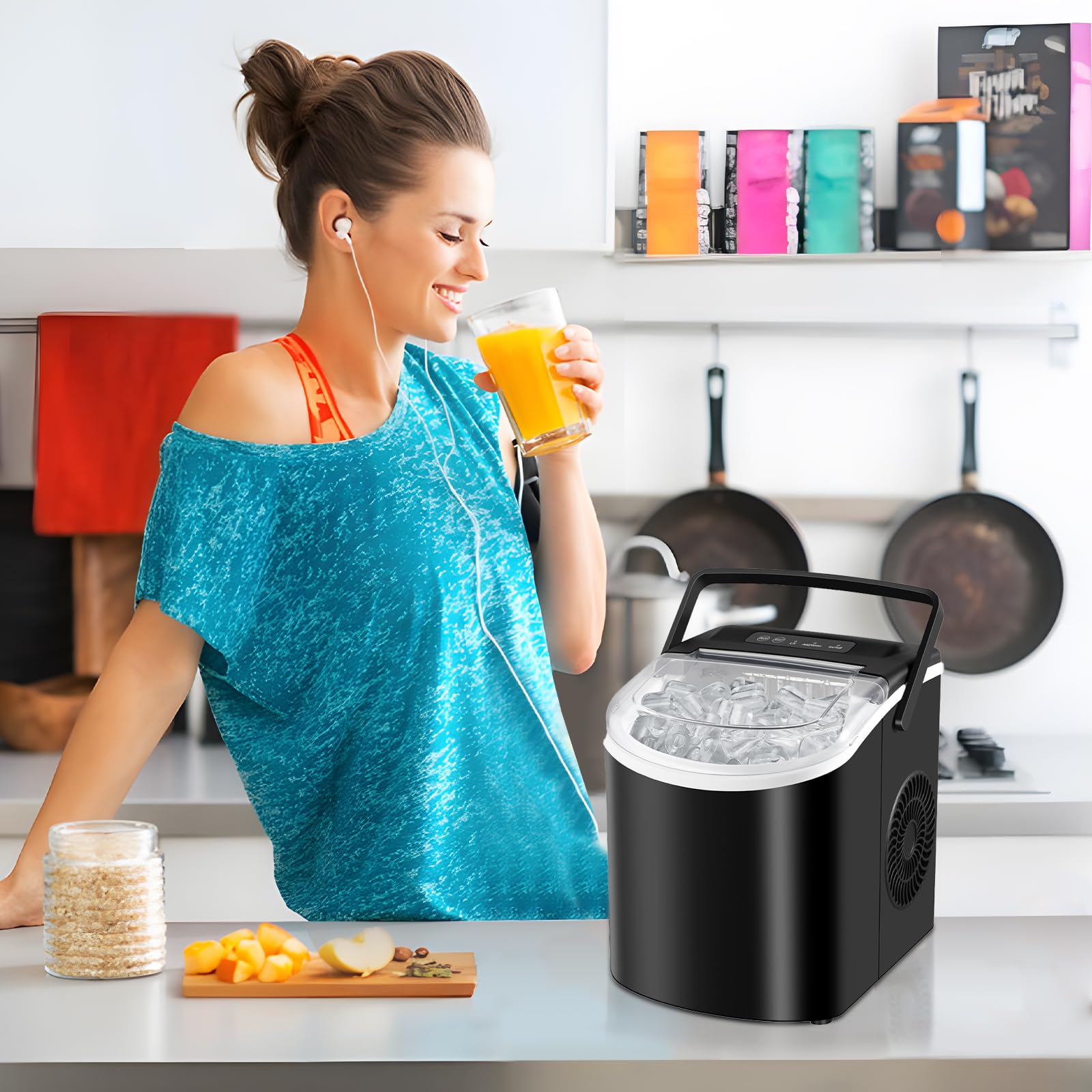 HAILANG Countertop Ice Maker, Portable Ice Machine with Handle, Self-Cleaning, 26lbs in 24Hrs, 2 Sizes Bullet Shaped Ice, 9 Ice Cubes in 6 Mins with Scoop and Basket for Home/Kitchen/Office/Bar