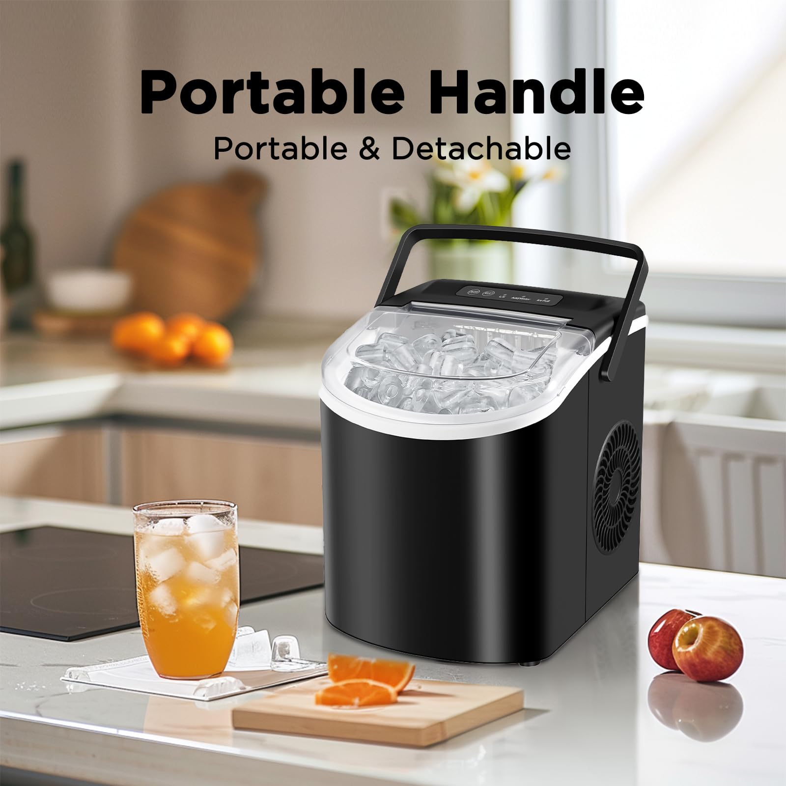 HAILANG Countertop Ice Maker, Portable Ice Machine with Handle, Self-Cleaning, 26lbs in 24Hrs, 2 Sizes Bullet Shaped Ice, 9 Ice Cubes in 6 Mins with Scoop and Basket for Home/Kitchen/Office/Bar