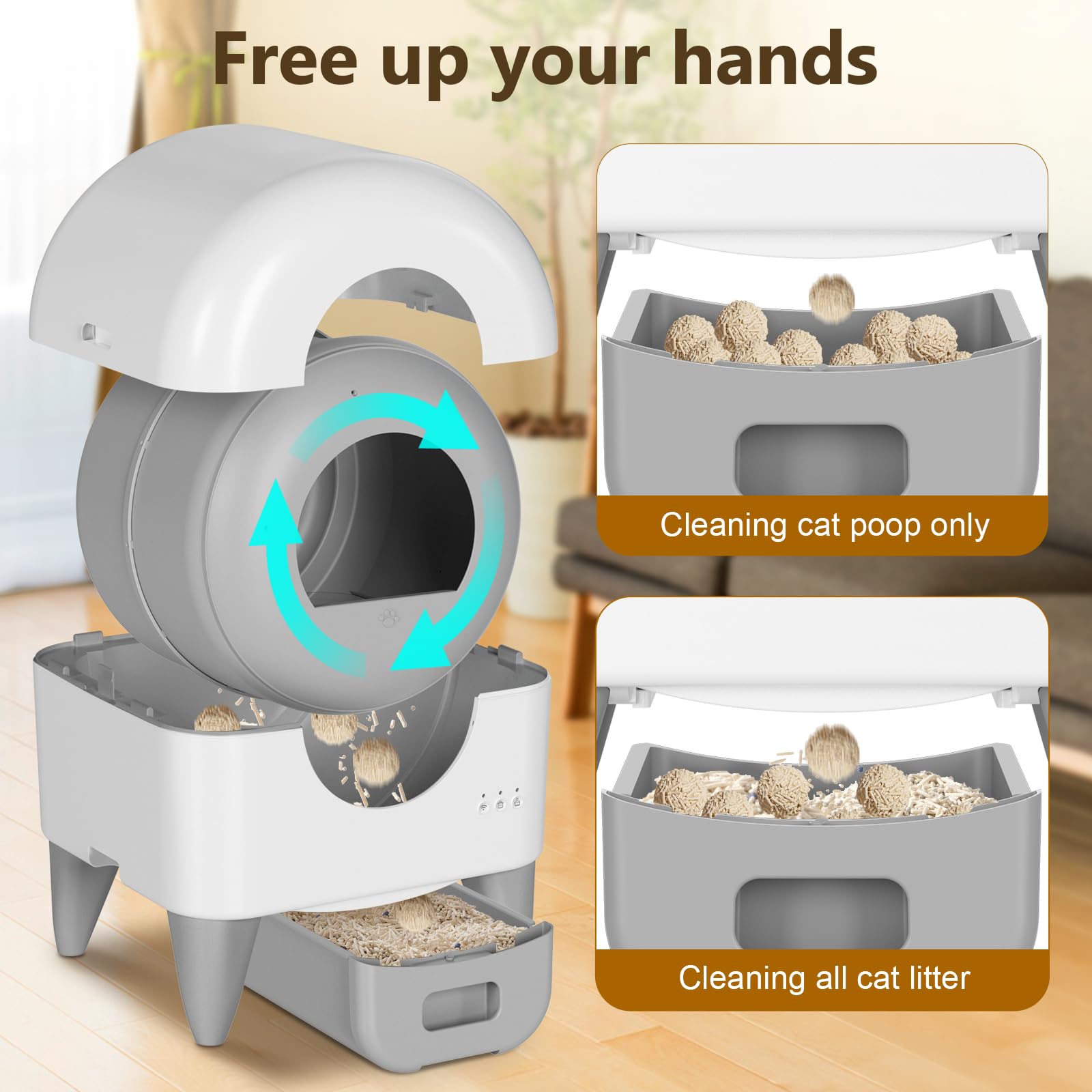 Fumoi Automatic Litter Box,95L Self Cleaning Litter Box Large Capacity for Multiple Cats, App-Controlled with Safety Sensors, Removable Washable Liner,2 Rolls Garbage Bags,Grey