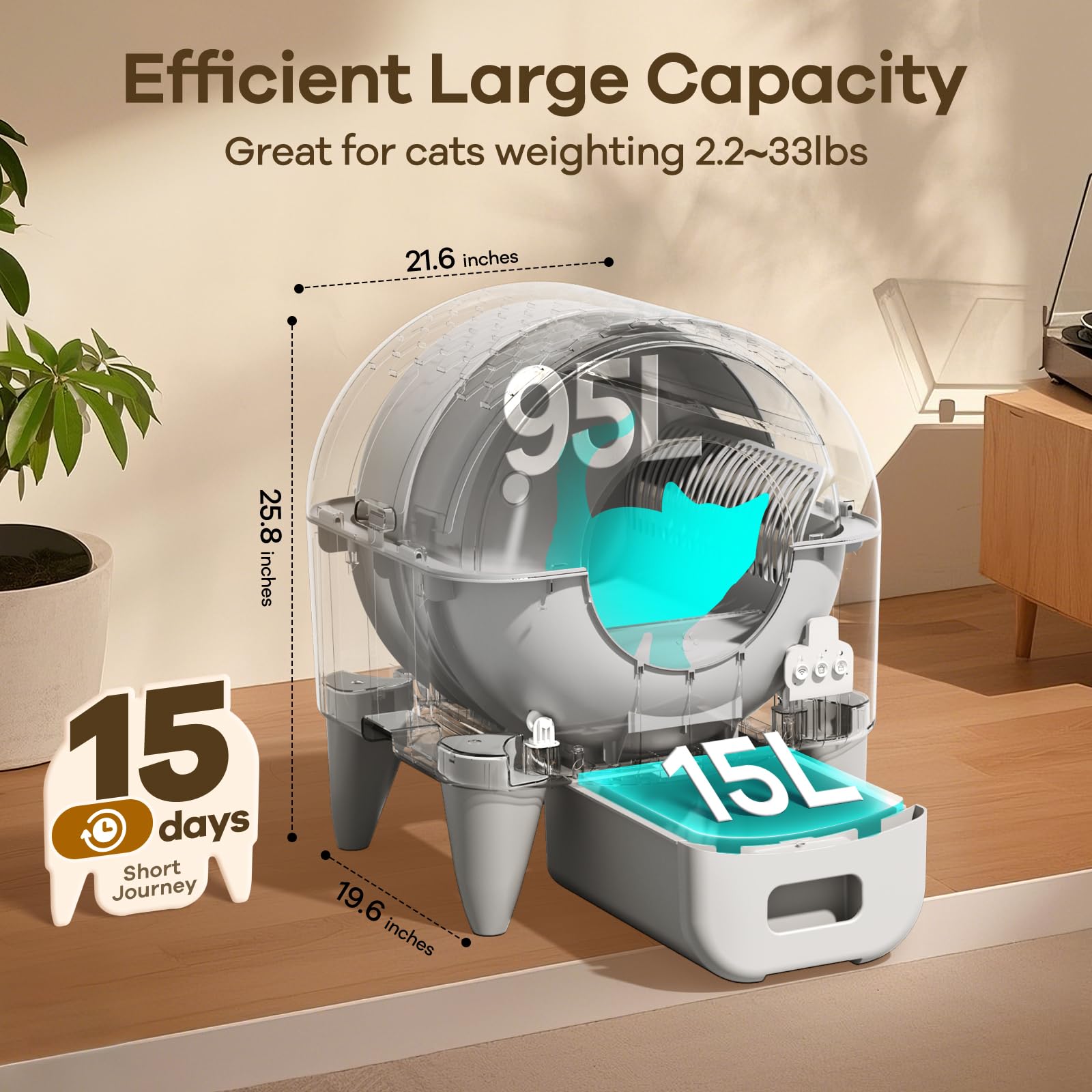 Fumoi Automatic Litter Box,95L Self Cleaning Litter Box Large Capacity for Multiple Cats, App-Controlled with Safety Sensors, Removable Washable Liner,2 Rolls Garbage Bags,Grey