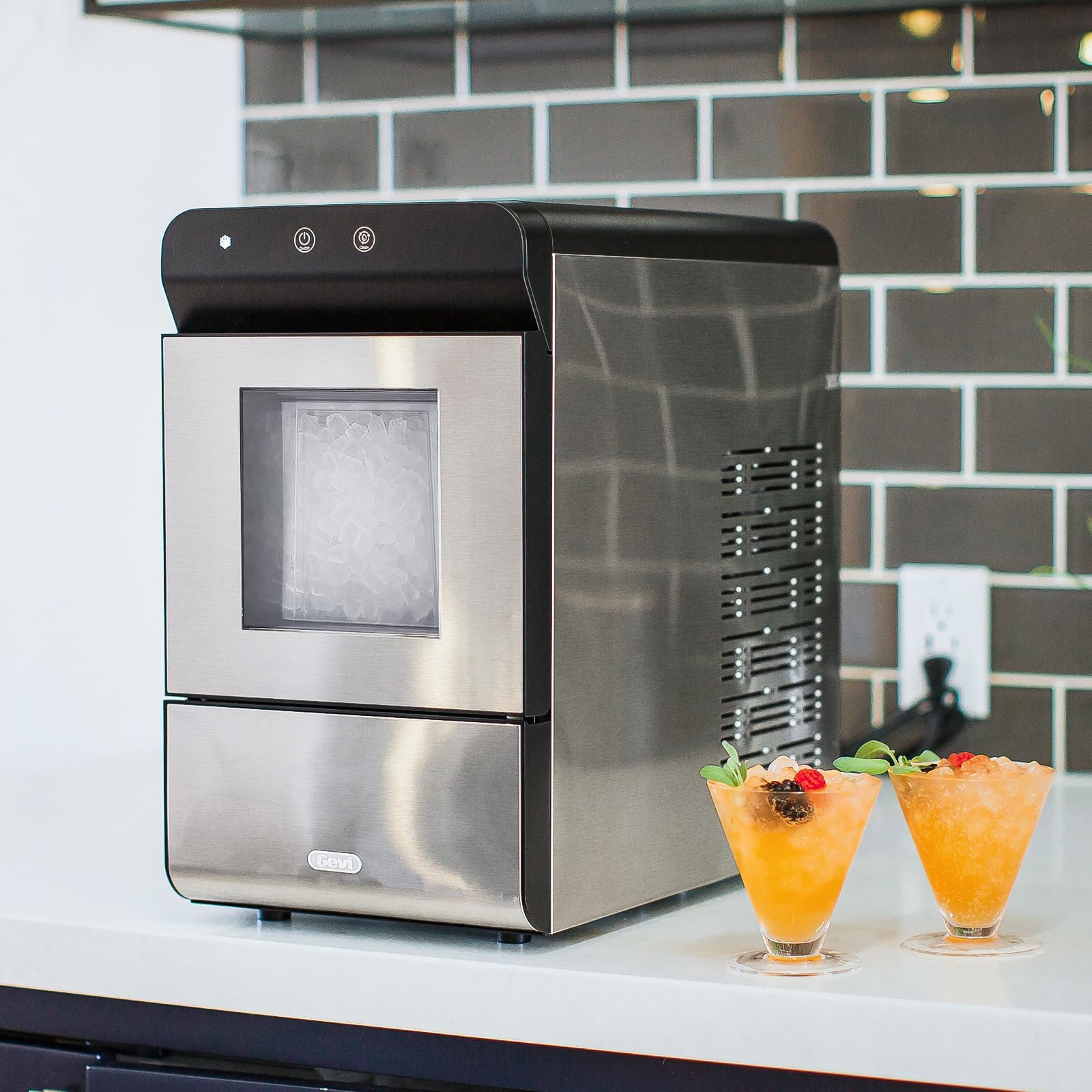 Gevi V2.0 Countertop Gemi Nugget Ice Maker | Self-Cleaning Pellet Ice Machine | Stainless Steel Housing |16.7''H Fits Perfectly Under Wall Cabinet | Silver with Viewing Window