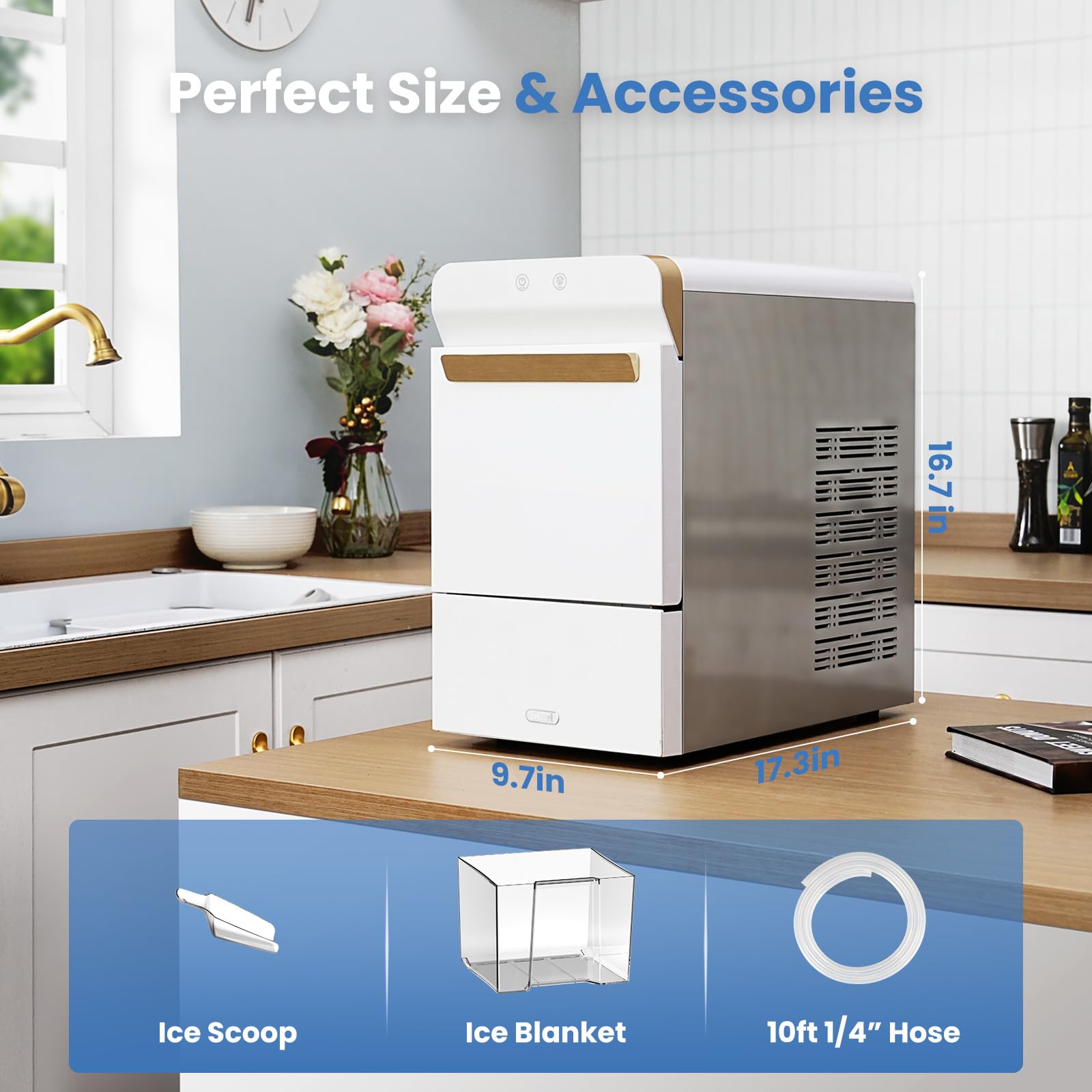 Gevi V2.0 Countertop Gemi Nugget Ice Maker | Self-Cleaning Pellet Ice Machine | Stainless Steel Housing |16.7''H Fits Perfectly Under Wall Cabinet | Silver with Viewing Window