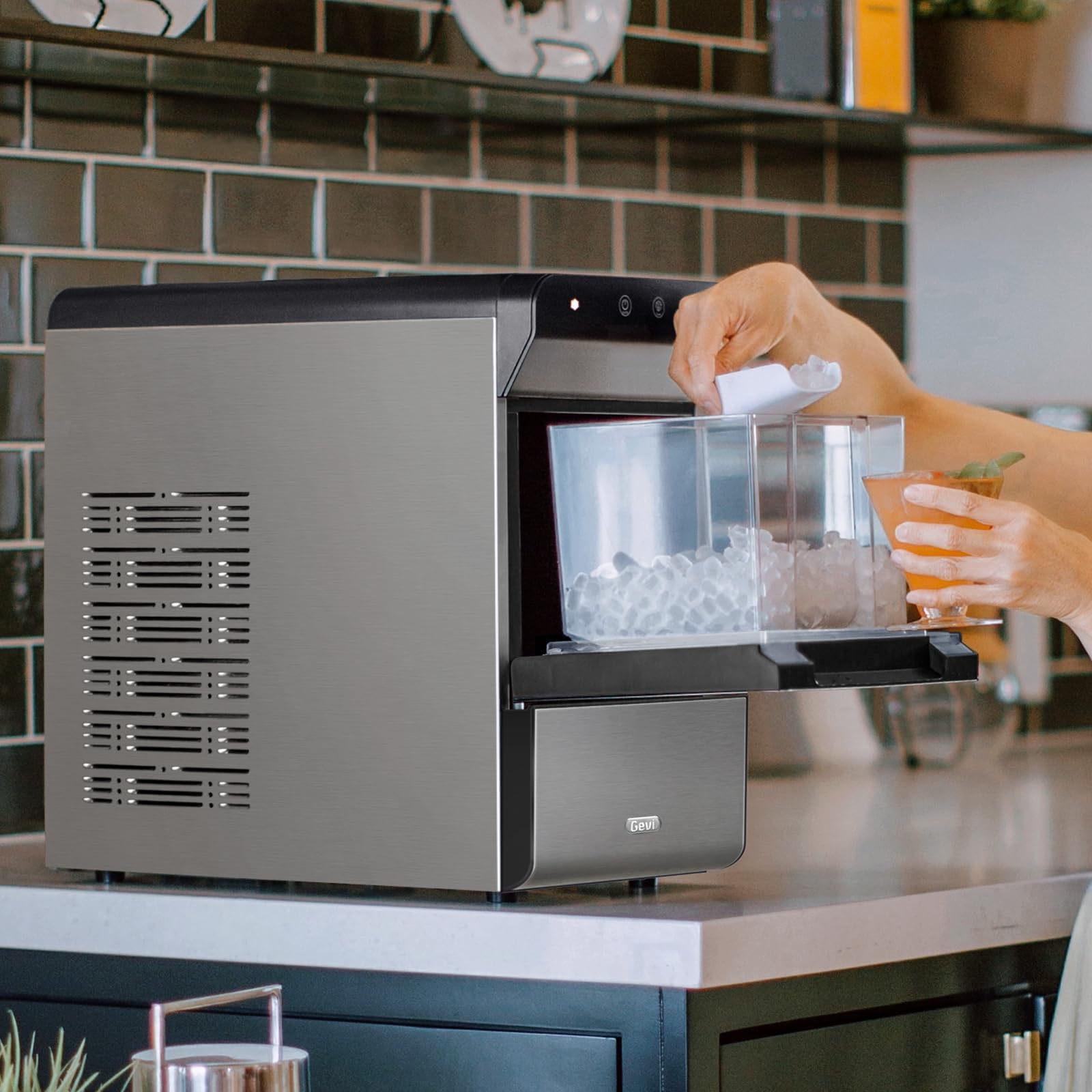 Gevi V2.0 Countertop Gemi Nugget Ice Maker | Self-Cleaning Pellet Ice Machine | Stainless Steel Housing |16.7''H Fits Perfectly Under Wall Cabinet | Silver with Viewing Window