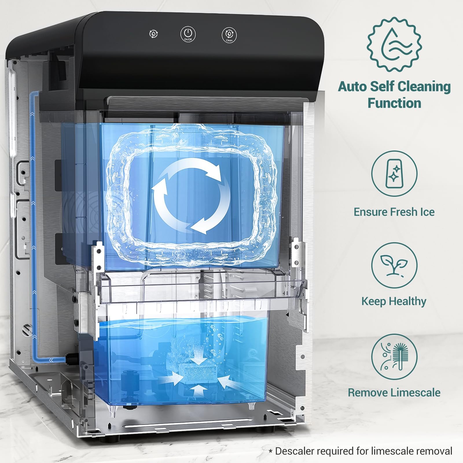 Gevi V2.0 Countertop Gemi Nugget Ice Maker | Self-Cleaning Pellet Ice Machine | Stainless Steel Housing |16.7''H Fits Perfectly Under Wall Cabinet | Silver with Viewing Window