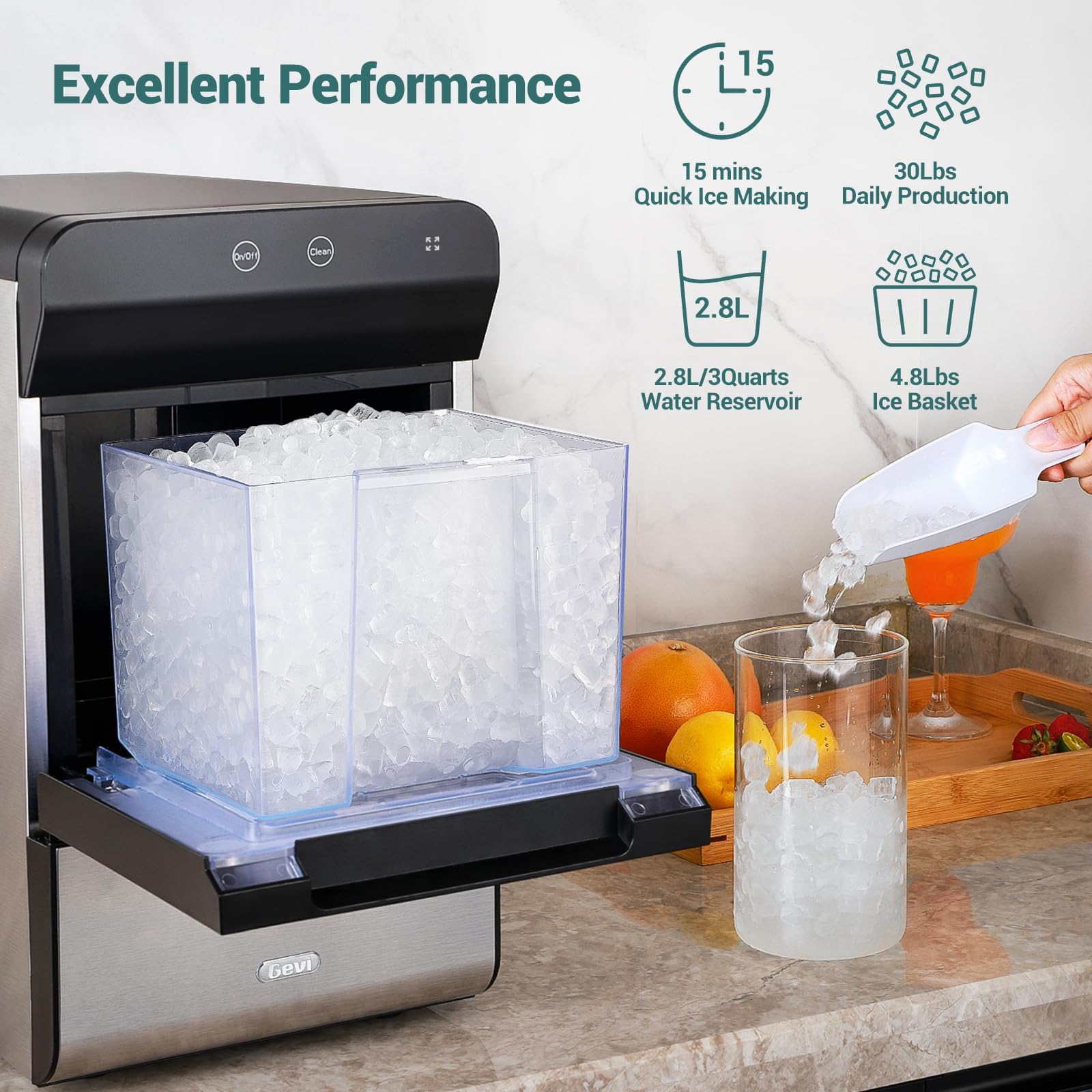 Gevi V2.0 Countertop Gemi Nugget Ice Maker | Self-Cleaning Pellet Ice Machine | Stainless Steel Housing |16.7''H Fits Perfectly Under Wall Cabinet | Silver with Viewing Window