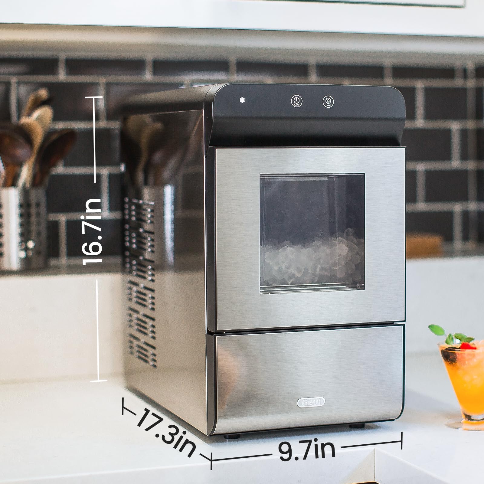 Gevi V2.0 Countertop Gemi Nugget Ice Maker | Self-Cleaning Pellet Ice Machine | Stainless Steel Housing |16.7''H Fits Perfectly Under Wall Cabinet | Silver with Viewing Window