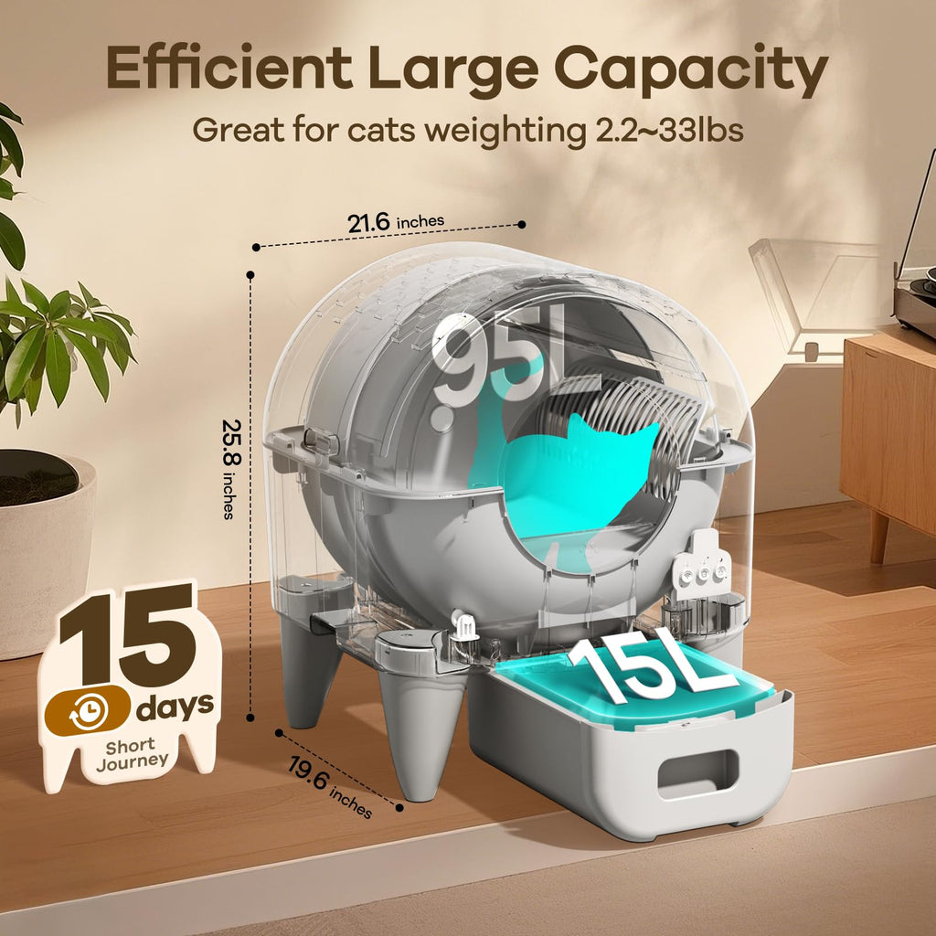 Fumoi Automatic Litter Box,95L Self Cleaning Litter Box Large Capacity for Multiple Cats, App-Controlled with Safety Sensors, Removable Washable Liner,2 Rolls Garbage Bags,Grey