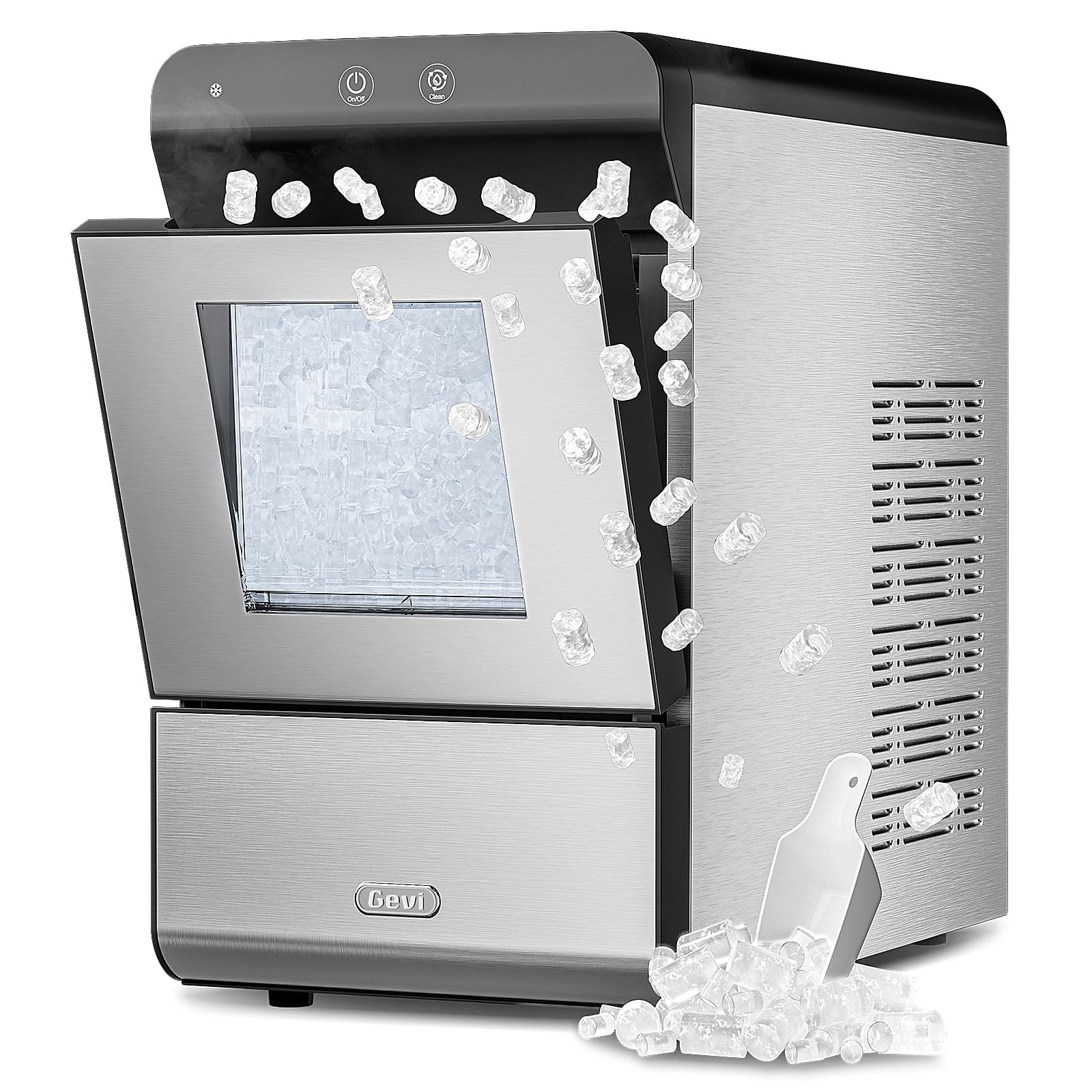 Gevi V2.0 Countertop Gemi Nugget Ice Maker | Self-Cleaning Pellet Ice Machine | Stainless Steel Housing |16.7''H Fits Perfectly Under Wall Cabinet | Silver with Viewing Window