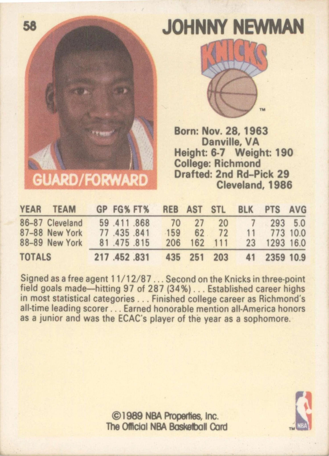 1989-90 Hoops #58 Johnny Newman
